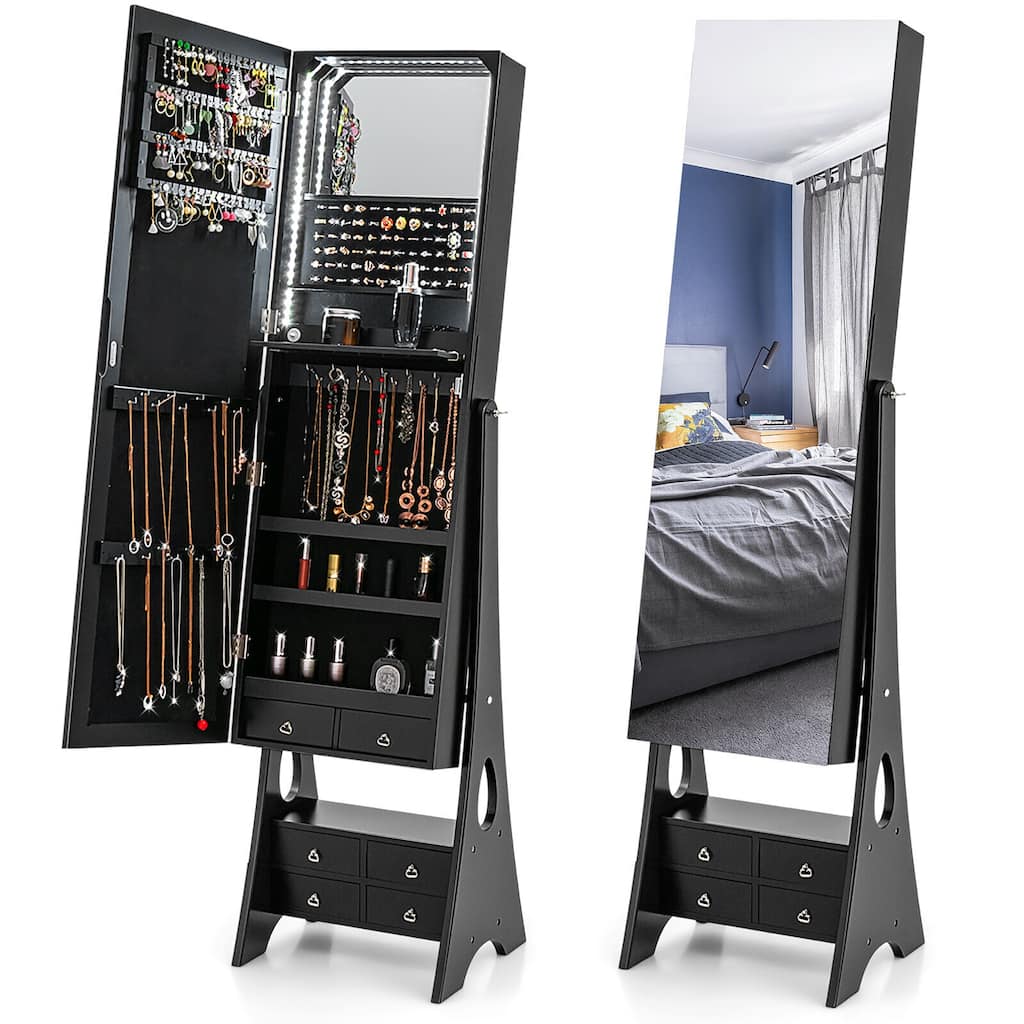 Gymax Jewelry Cabinet Armoire Full Length LED Mirror W/ 6 Drawers &