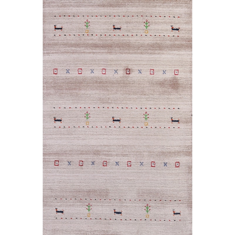 Hand Knotted Oriental 100% Wool Carpet Tribal Animal Pictorial Beige & Ivories Gabbeh Area Rug - 5' 0'' X 3' 0''