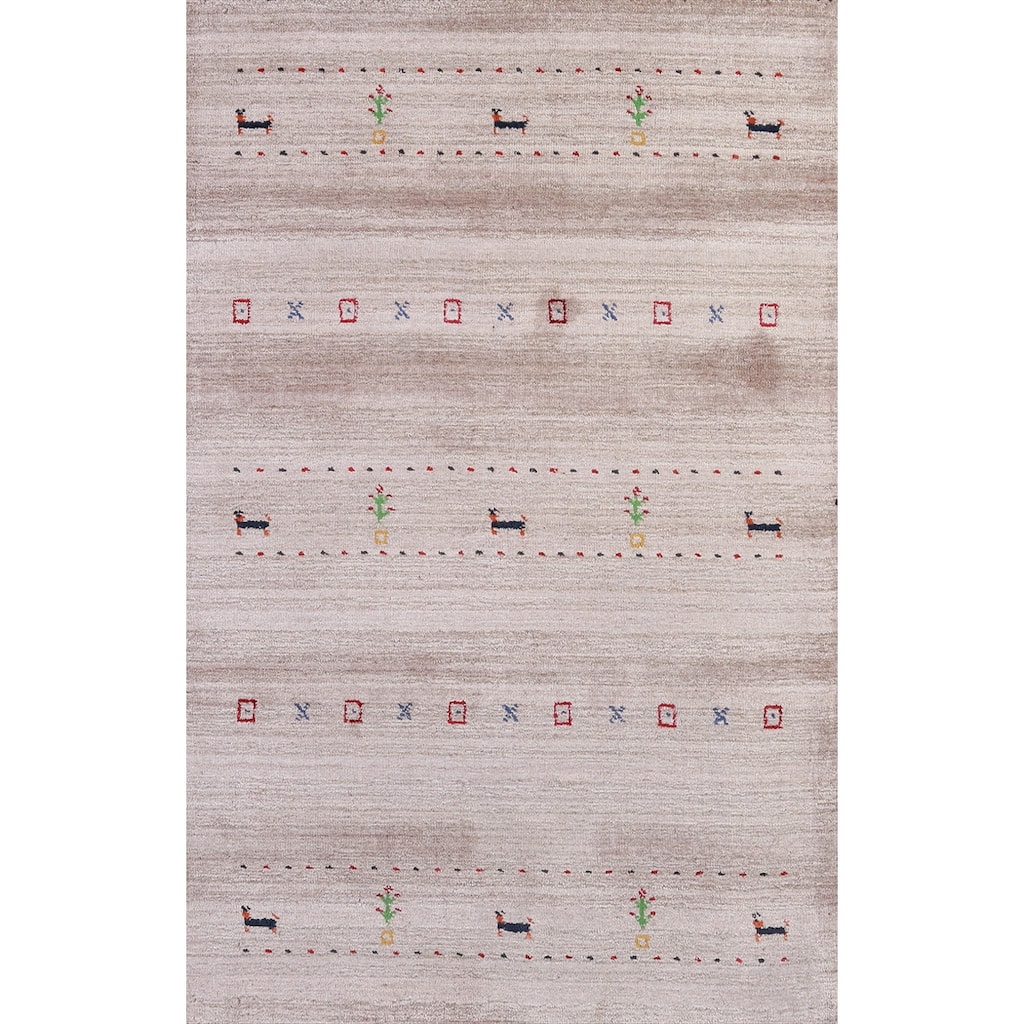 Hand Knotted Oriental 100% Wool Carpet Tribal Animal Pictorial Beige & Ivories Gabbeh Area Rug - 5' 0'' X 3' 0''