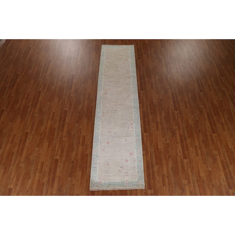 Vegetable Dye Art Deco Oriental Wool Runner Rug Hand-knotted Carpet - 2'10" x 11'7"