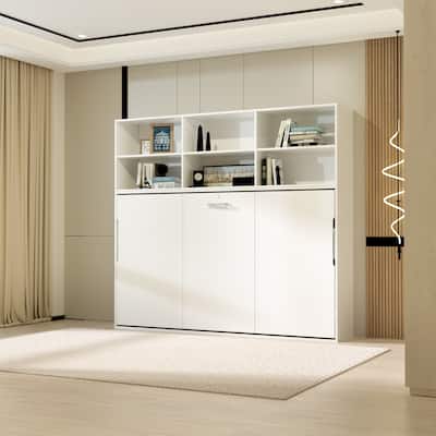 White Wall Bed, Twin Size Horizontal Murphy Bed with Storage Cabinet, Full Size Vertical Murphy Bed with Bookcase and Drawers