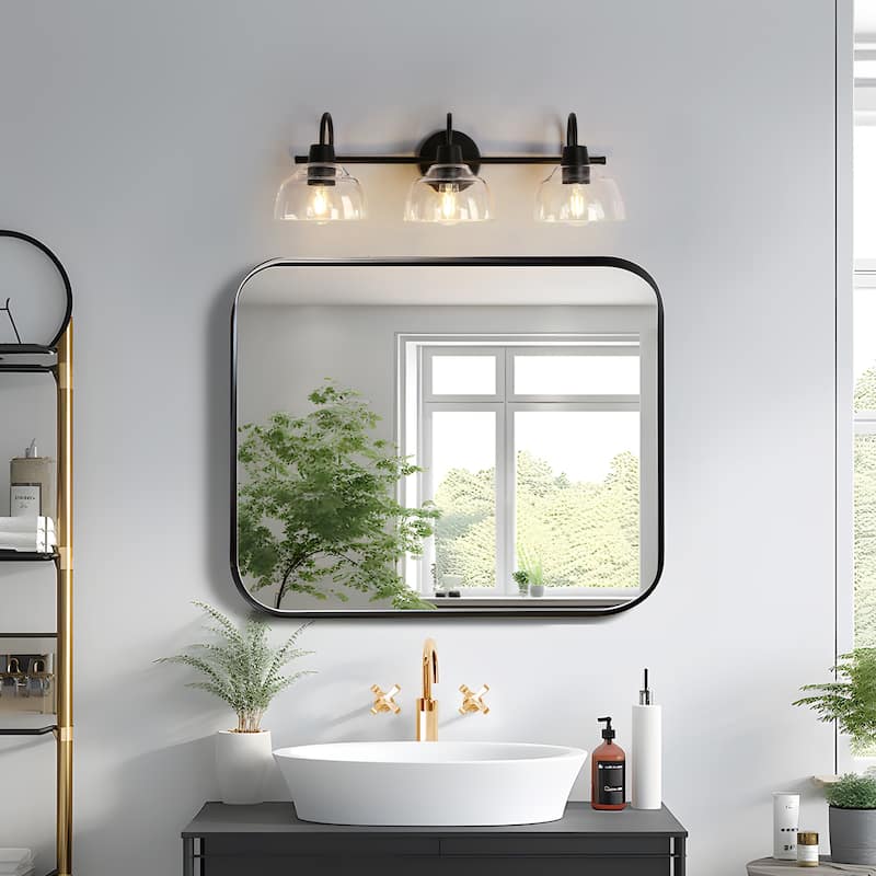 Regan Modern Black 3-Light Linear Farmhouse Bathroom Vanity Lights Dome Glass Wall Sconces - 23.6'' L x 6.5'' W x 8.3'' H