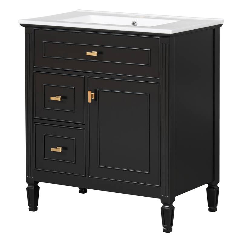 Roomfitters 30" Bathroom Vanity with Ceramic Sink, Solid Wood Frame with Flip Drawer, 2 Side Drawers & Adjustable Shelf