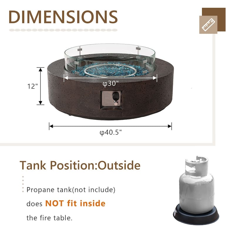 SUNBURY 42''Round Propane Fire Pit w Wind Guard and Fire Glass