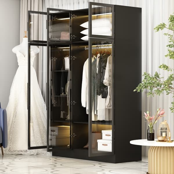 Lighted Modern Glass Door Wardrobe Armoire with Ample Storage - 47.2"