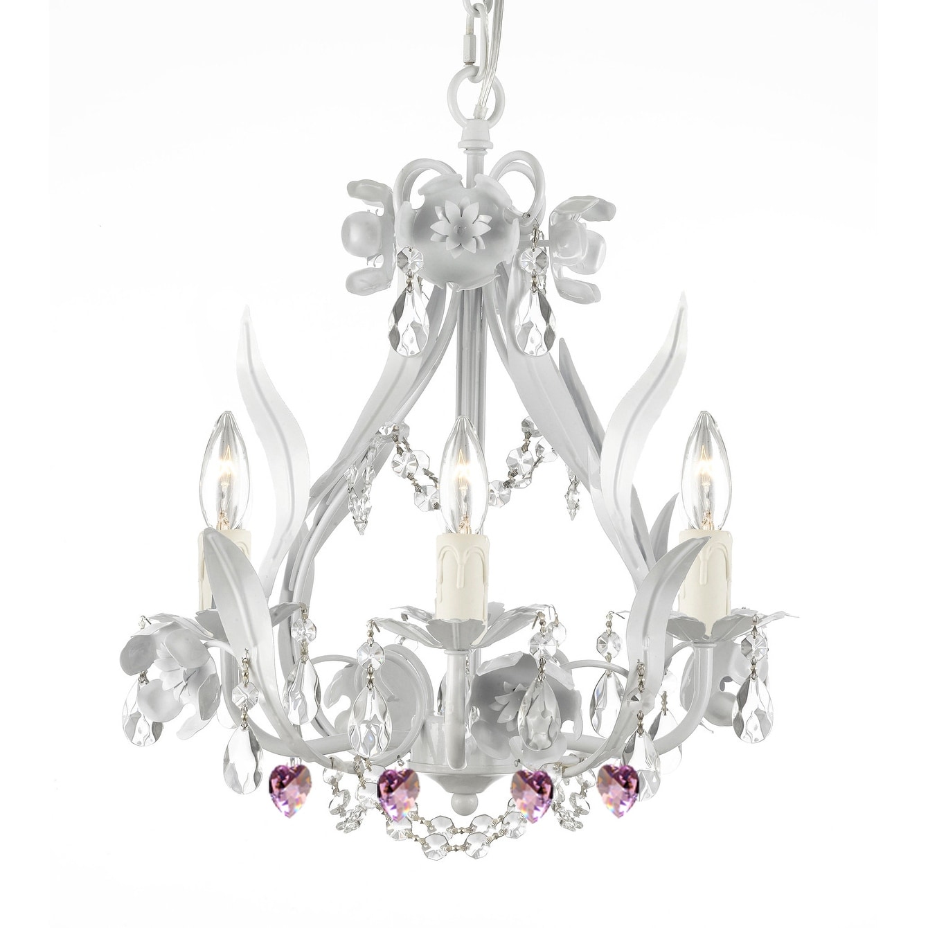 WHITE IRON CRYSTAL FLOWER CHANDELIER LIGHTING W/ PINK CRYSTAL HEARTS! 