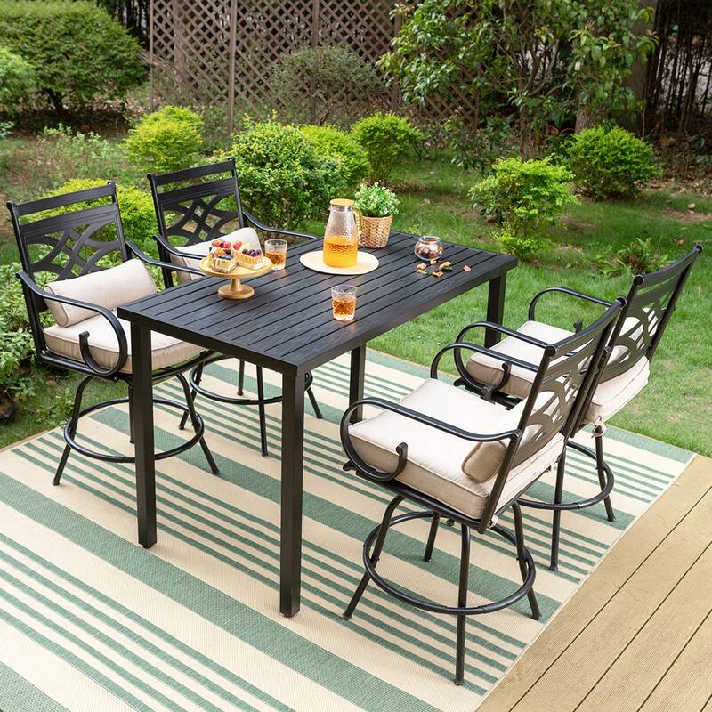 5-Piece Bar Height Dining Set, 4 Rattan or 4 Metal Swivel Bar Chairs and 1 Rectangular Metal Bar Height Table