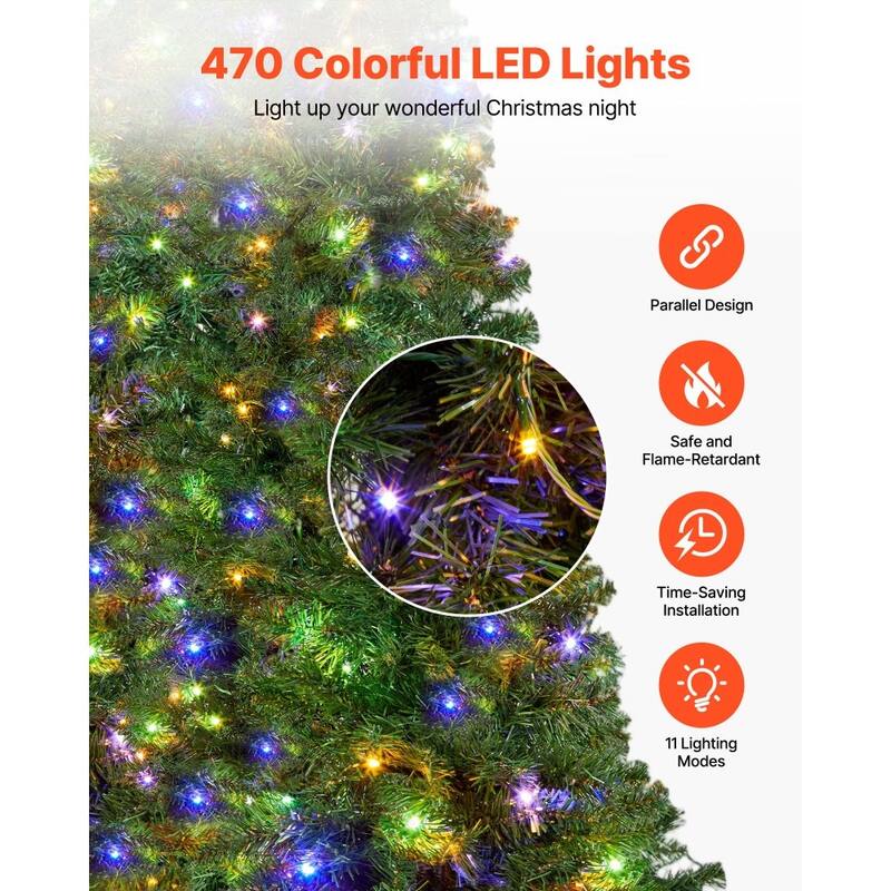 Green PVC and Iron 7.2x4.5 ft Pre-Lit Christmas Tree with 470 LED Lights and 11 Modes - 4.5 x 7.2 ft