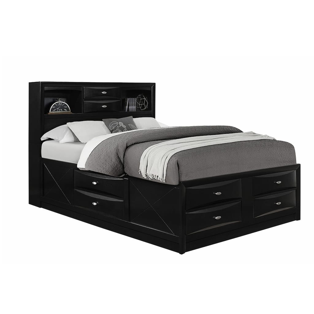 Wooden Full Size Bed with Bookcase and Drawers