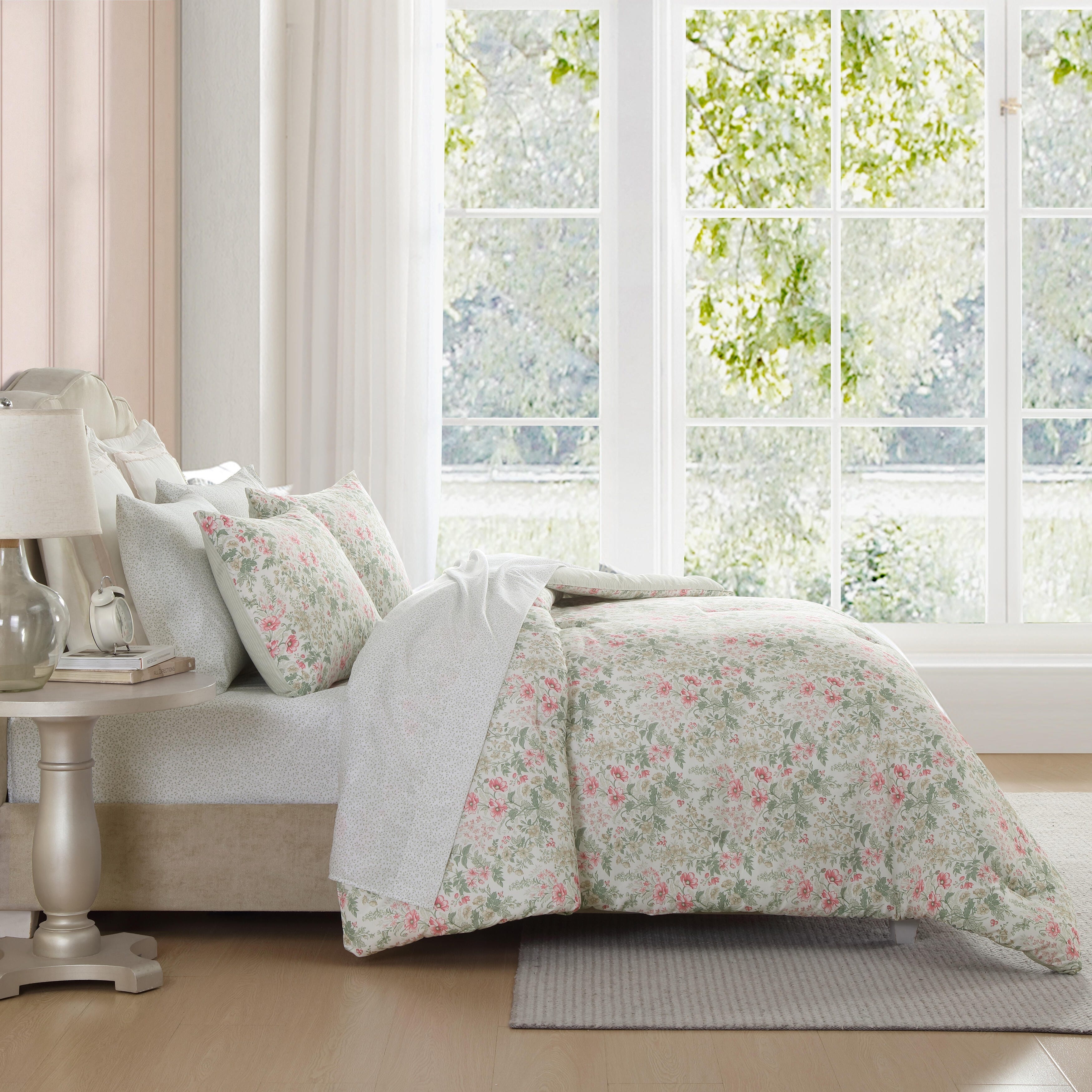 Laura Ashley Arden Floral Pink Reversible Comforter Bonus Set - On