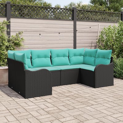 vidaXL 6 Garden Sofa Set with Cushions Black Poly Rattan - 92.1 x 48.2 x 27.2