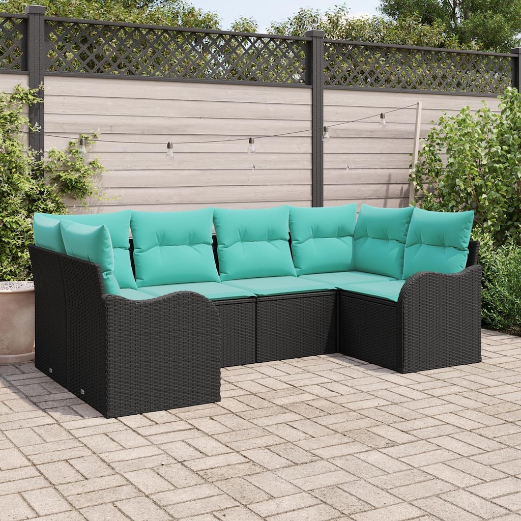 vidaXL 6 Garden Sofa Set with Cushions Black Poly Rattan - 92.1 x 48.2 x 27.2