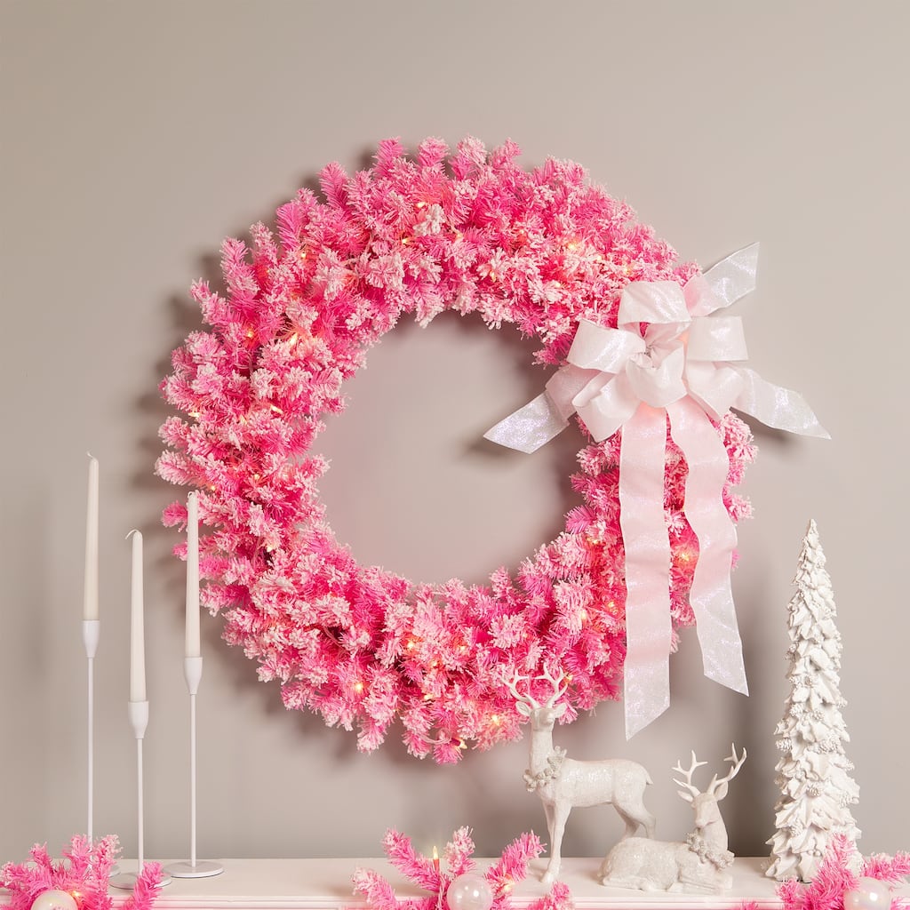 Pre-Lit Artificial Flocked Pine Christmas Wreath - 36" - Pink - Clear Lights