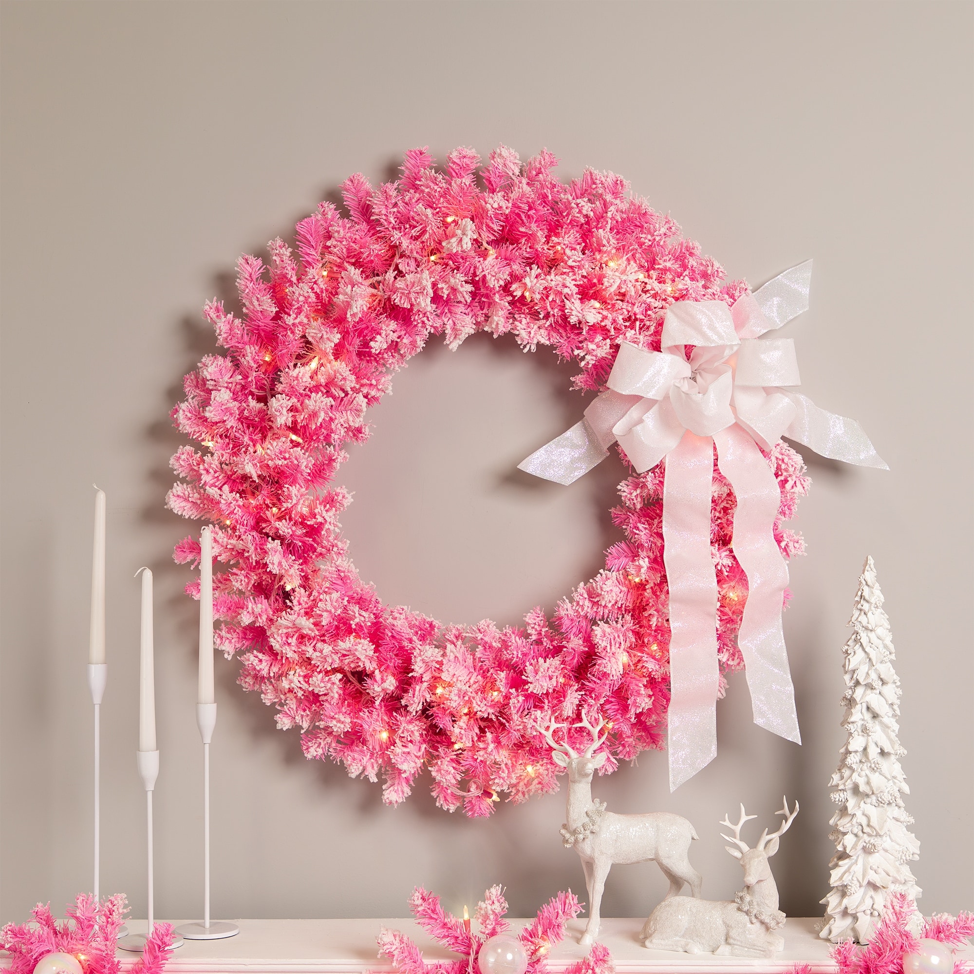 Artificial Flocked Pine Christmas Wreath 36" Pink Clear Lights