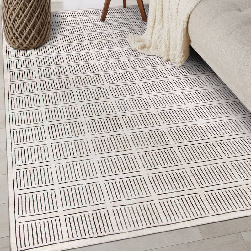 World Rug Gallery Bohemian Stripe Lines Washable Non Slip Area Rug - Ivory - 3'x5'