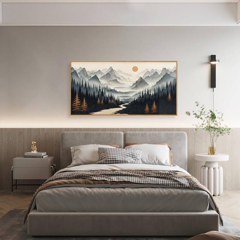 Foggy Mountain Wall Decor, Misty Pine Tree Wall Painting