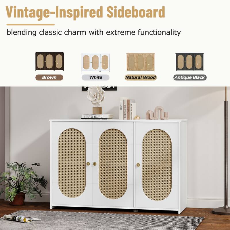Buffet Cabinet with Artificial Rattan Doors, 3-Door Sideboard Cabinet with Shelves, Coffee Bar Cabinet with Metal Handles