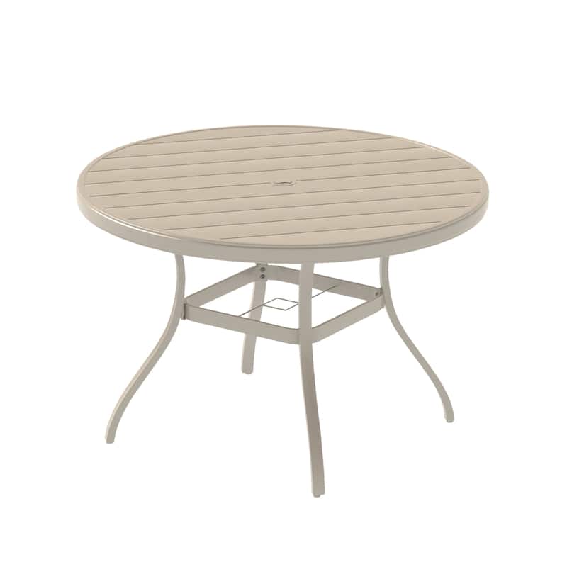 VRSHWO Outdoor Round Patio Dining Table for 4-6, All Weather Metal Dining Table with Umbrella Hole for Deck Lawn Garden Backyard - Sandstone
