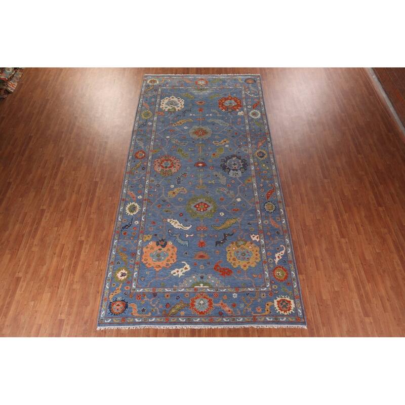 All-Over Blue Floral Oushak Oriental Area Rug Handmade Wool Carpet - 7'11"x 15'9"