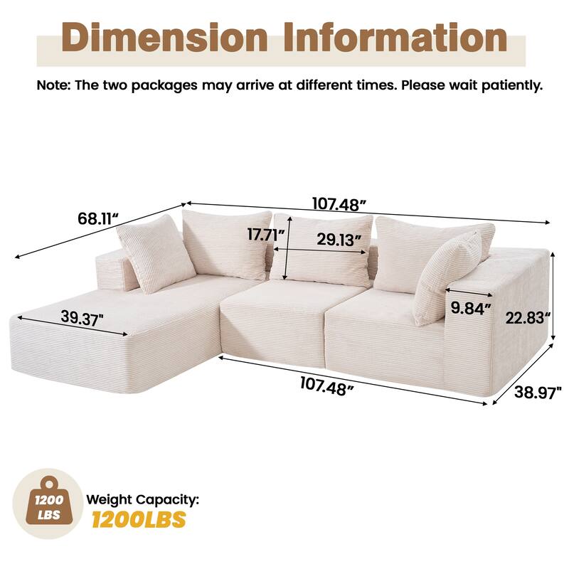 Modular Sectional Sofa, L-Shaped Boneless Couch with Deep Seat, Corduroy Cloud Couch, No Assembly Required