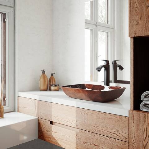 VIGO Rectangular Glass Vessel Bathroom Sink and Linus Faucet Set