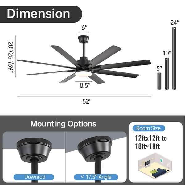 dimension image slide 4 of 8, 48in/52in/66in/72in/84in Industrial Matte Black Large Windmill Ceiling Fan with Light and Remote