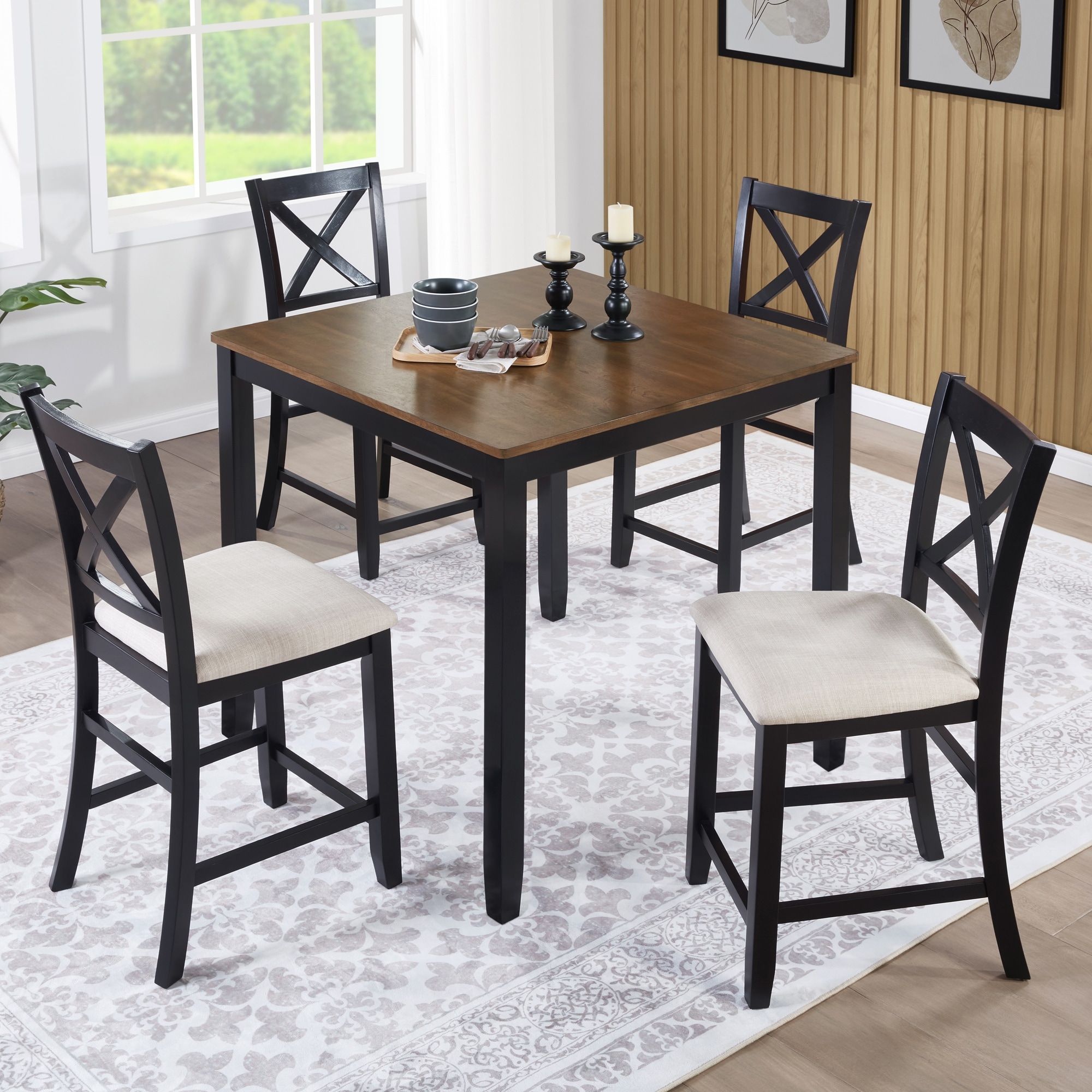 Counter Height Dining Table Set for 4-Person, 5-Piece Wooden Dining Table Set, Including Square Dining Table & 4 Chairs
