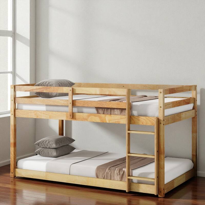Solid Rubber Wood Twin Over Twin Floor Bunk Bed with Ladder, Low Height Design and Strengthened Slat Support