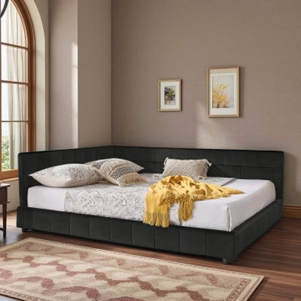 Mid-Century Velvet Queen Daybed with Tufted Backrest and Armrest, Convertible Sofa Bed Frame, Sturdy Upholstered Platform