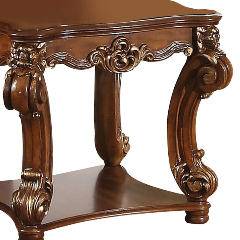 Square Top End Table With Scrolled Leg And Bottom Shelf, Cherry Brown