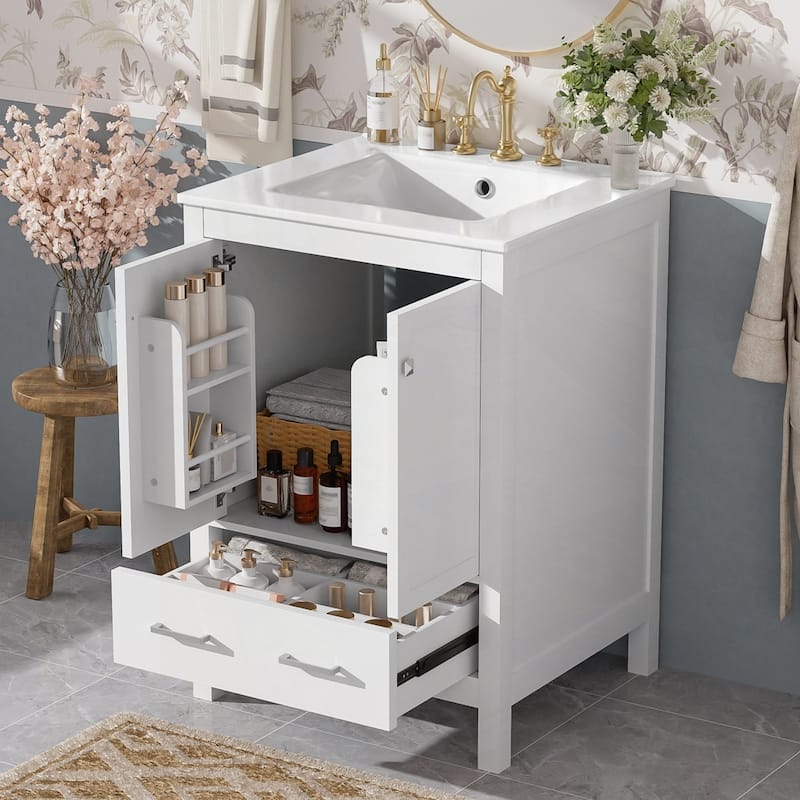 bathroom vanity with integrated undermount basin and a storage cabinet featuring 2 doors and 1 drawer
