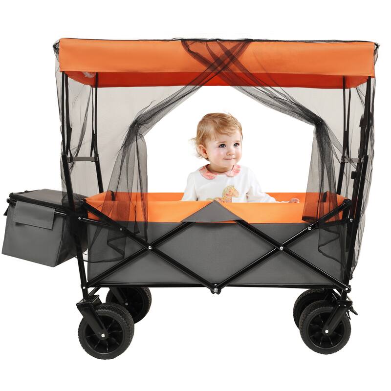 480lb Collapsible Wagon with Canopy & Mosquito Net - 7" All-Terrain Wheels, Lightweight Design, Orange