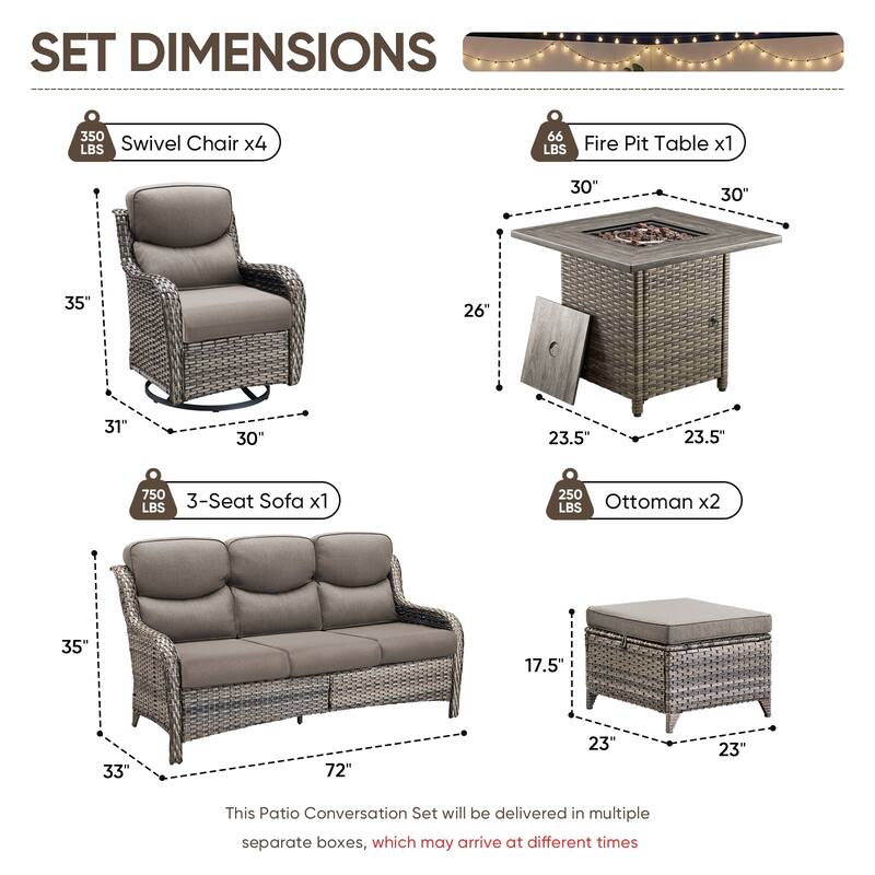 Pocassy Outdoor Propane Fire Table w/ Sofa Swivel Chair Ottoman Funiture Set.