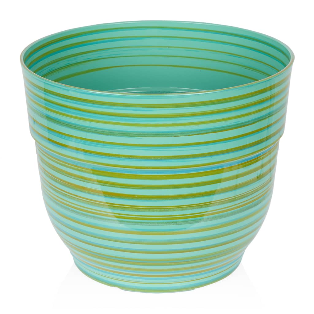 Turquoise Glossy Striped Planter with Drainage Hole