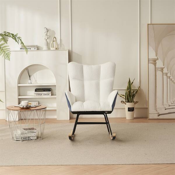 Solid Wood Legs Rocking Chair Nursery with Teddy Fabric Upholstered ...
