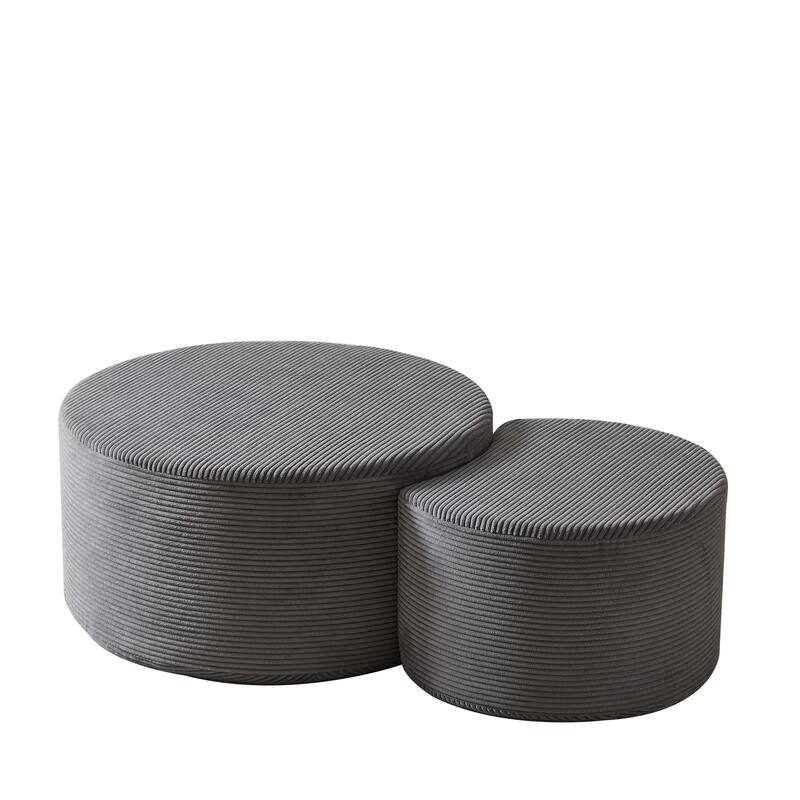 Nesting Tables Set of 2, Corduroy Upholstered Round Coffee Table and Crescent Moon Side Table Set of 2, End Tables Ottomans