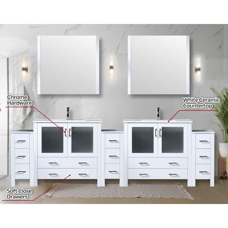 Volez Double Bath Vanity with Side Cabinets, White Ceramic Top and Mirrors