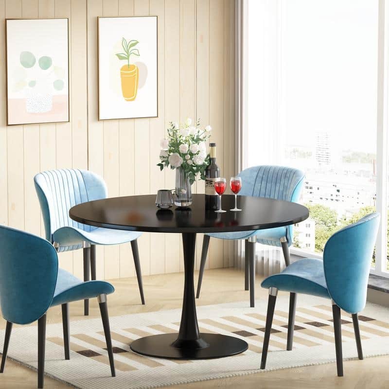 Grondin Mid-Century Modern Round Kitchen or Dining Table with Premium MDF Top and Steel Pedestal Base for Dining Room