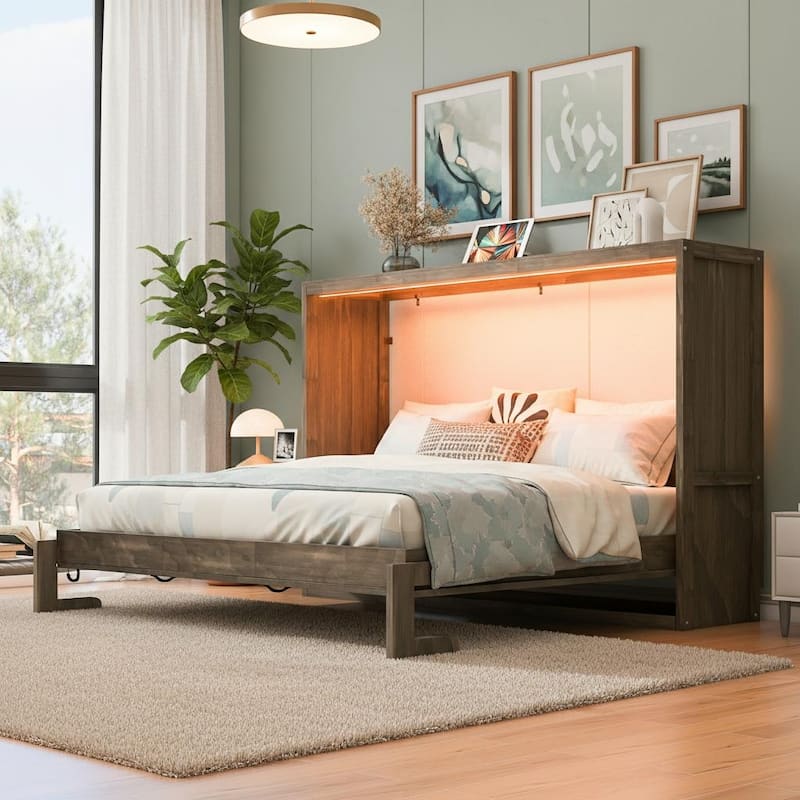 Murphy Bed with LED Light by Harper&Bright Designs - Brown - Full