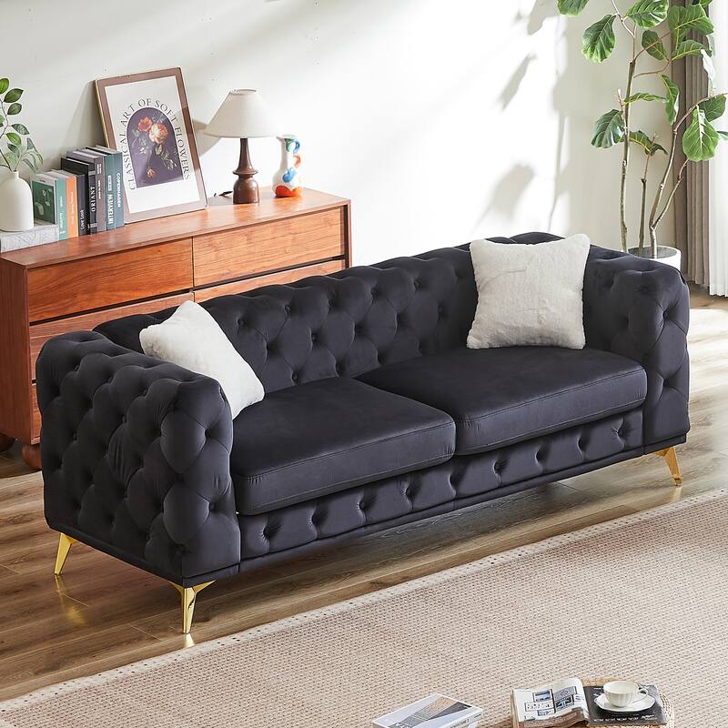 Velvet Upholstered 3 Seater Sofa, Chesterfield Tufted Button Sofa, Lounge Sofa Chair with 2 Pillows & Metal Legs