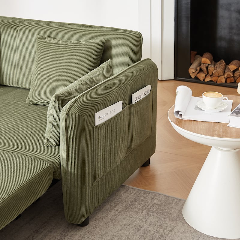 3-in-1 Pull Out Sleeper Sofa Bed, Convertible Corduroy Loveseat Couch with Casters, 4 Pillows and Side Pockets for Living Room