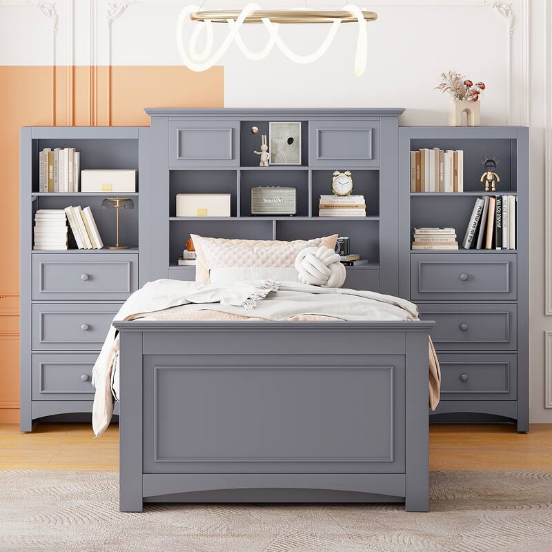 Gray Twin Size Wood Platform Bed with Vertical All-in-One Cabinet and 4 Drawers on each side