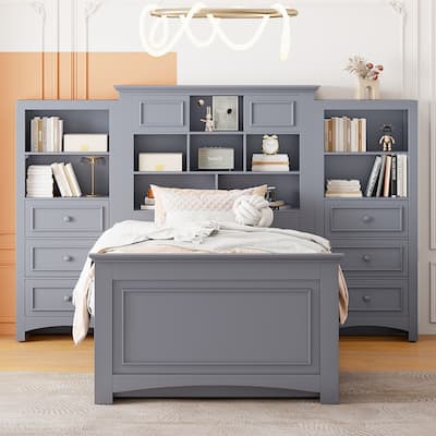 Twin Size Platform Bed with All-in-One Vertical Cabinet Bookcase, Solid Wood Captain's Bed Frame with 4 Drawers on Each Side