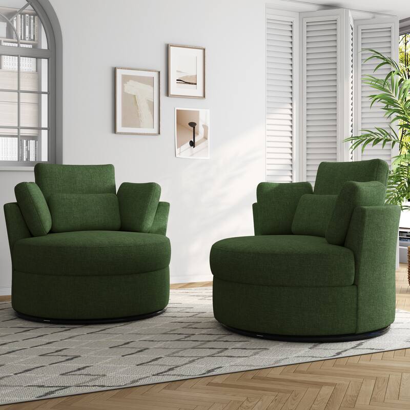 Set of 2 Upholstered Swivel Accent Barrel Chairs with Toss Pillows