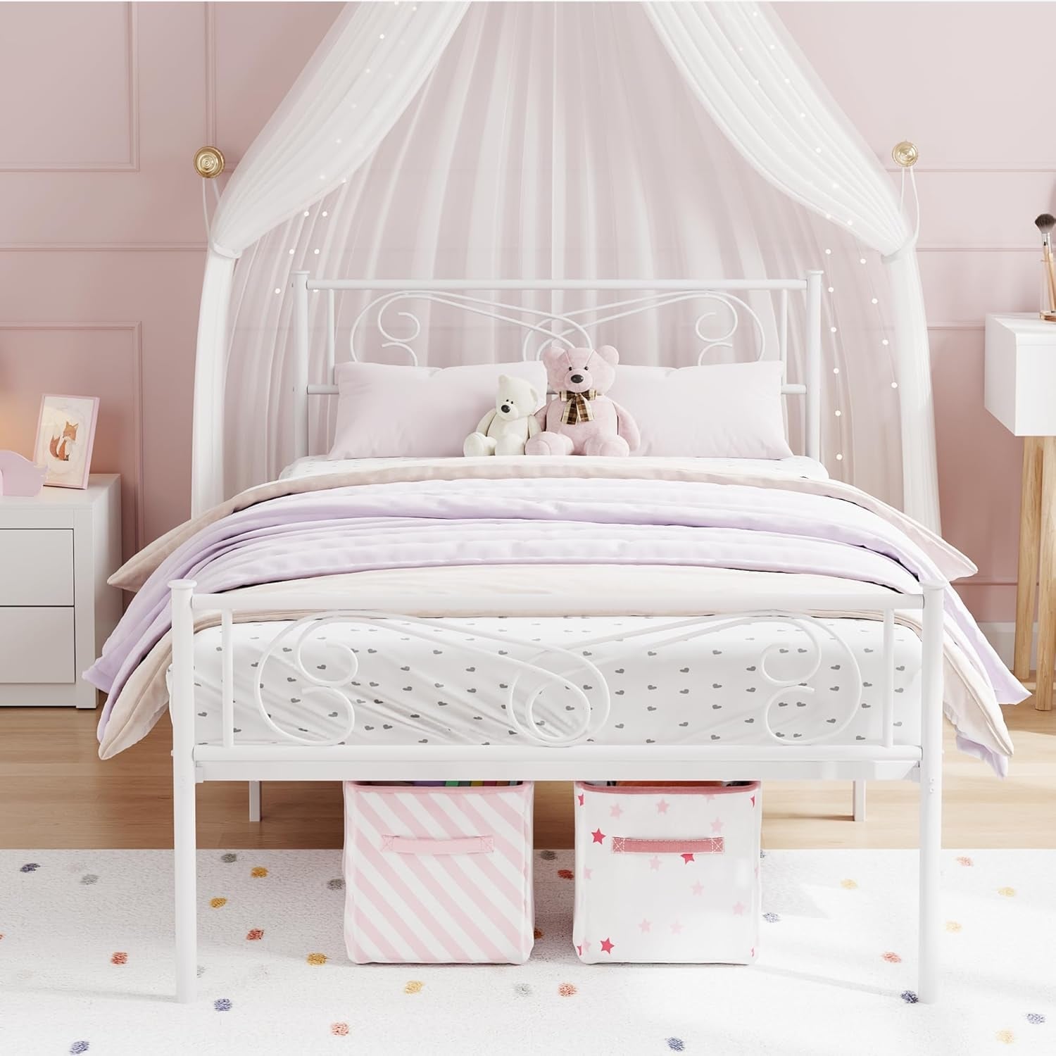 Twin Metal Bed Frame for Kids – Platform with Headboard & Footboard, Heavy Duty Slats, No Box Spring, Noise-Free, White