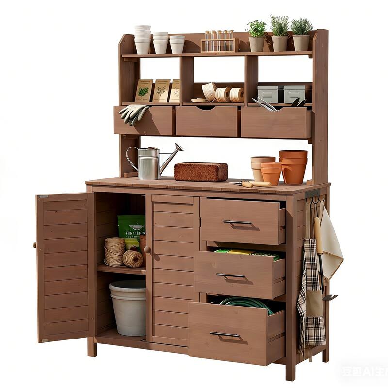 Roomfitters Garden Potting Bench with Storage Hutch, Outdoor Potting Table with 6 Drawers and Cabinets, Shelves