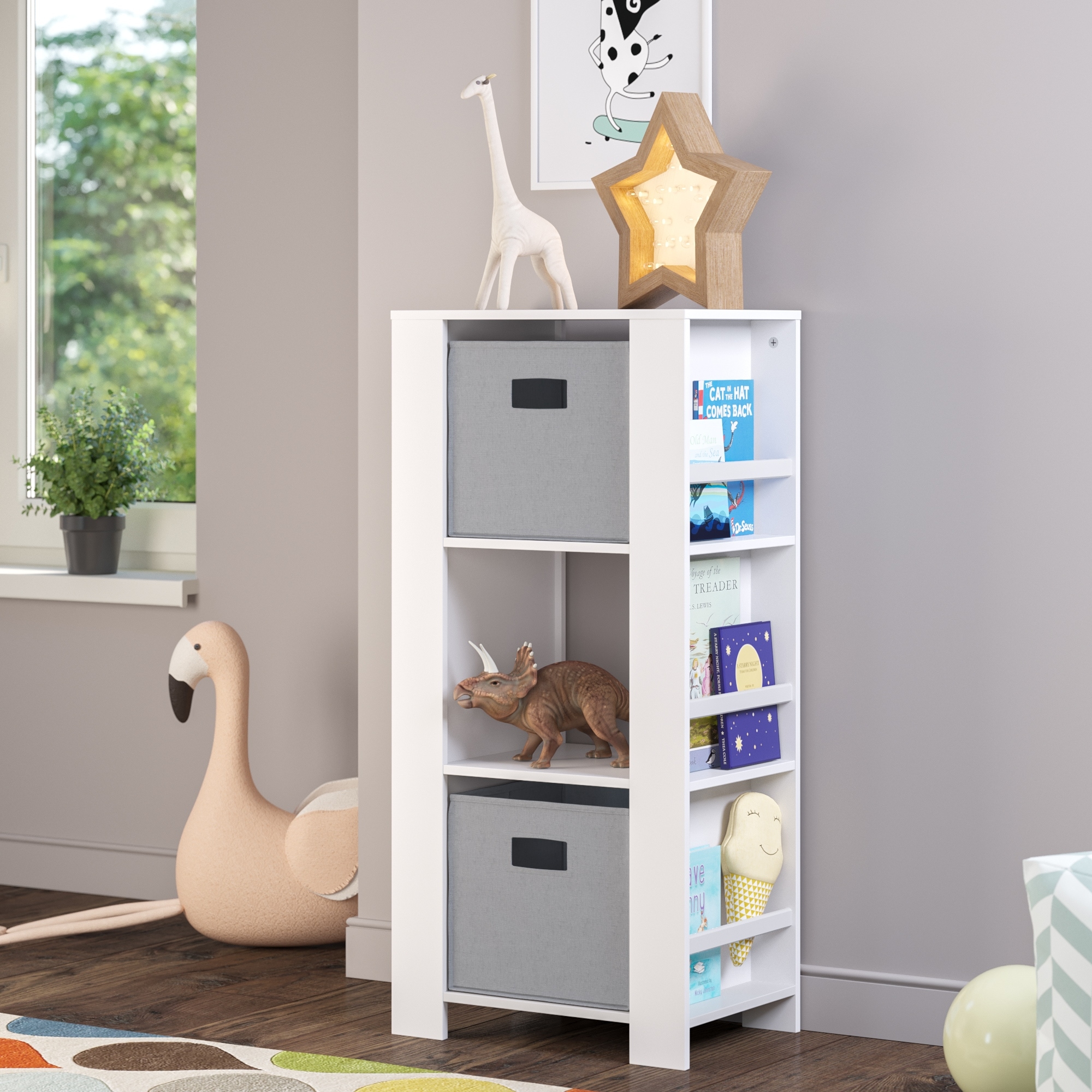 RiverRidge Kids Bookshelf and Toy Organizer Tower with 3 Cubbies and 6 Bookracks for Playroom, Nursery, and Reading Nook