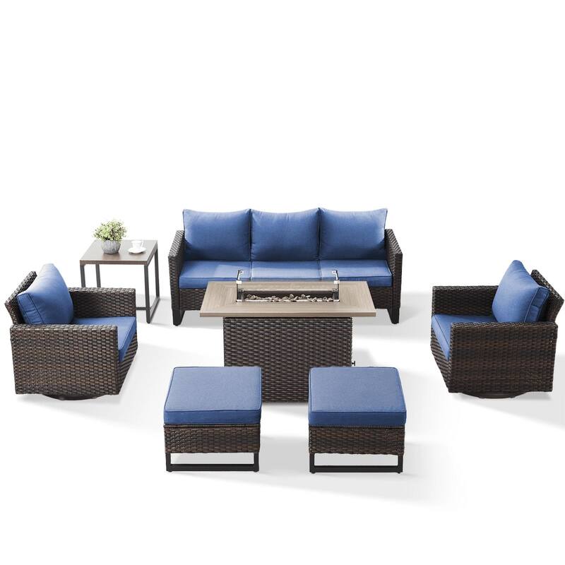 Outdoor Sofa Chairs Ottomans and Fire Table Brown-Blue - Brown