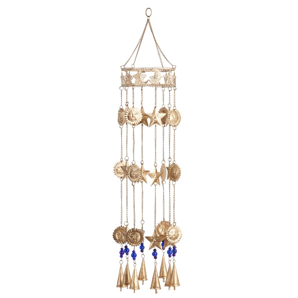 Metal Sun and Star Handmade Indoor Outdoor Windchime with Glass Beads and Cone Bells - Gold - Roche River Decor