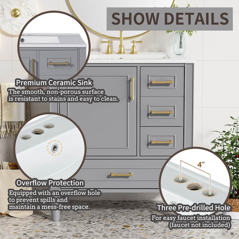 30inch Bathroom Vanity with Ceramic Sink, Soft-Close Door & 3 Drawers